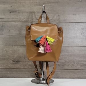 Rebecca Minkoff Tan Leather Backpack with Multicolor Tassels